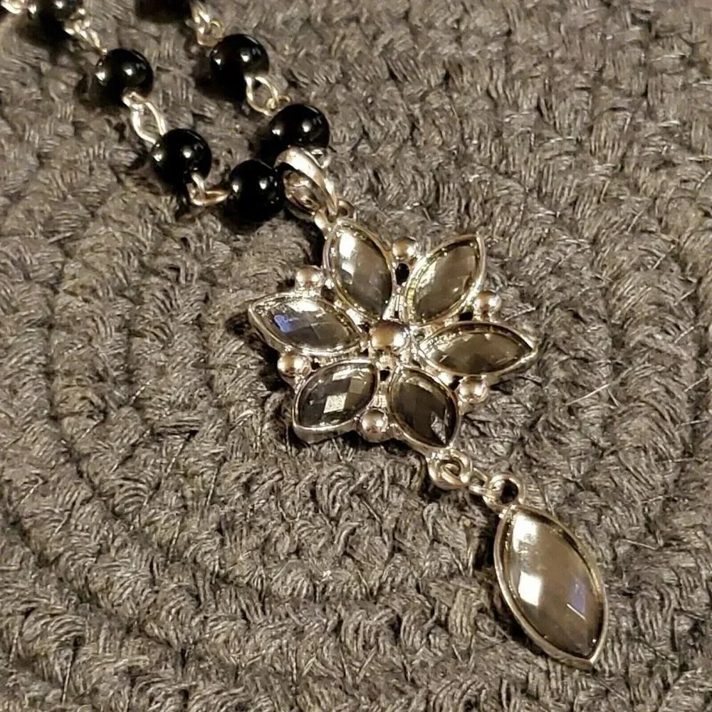 Victorian Style Black Silver and Smoke Navette Flower Pendant Necklace - Picture 3 of 5